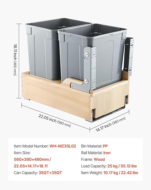 VEVOR Wood Pullout Trash Can for Kitchen Cabinets, 35 QT x2 Double Under Sink Garbage Waste Recycling Bin, Under Mount Waste Container, with Heavy Duty Metal Soft Close Sliding System and Door Kit