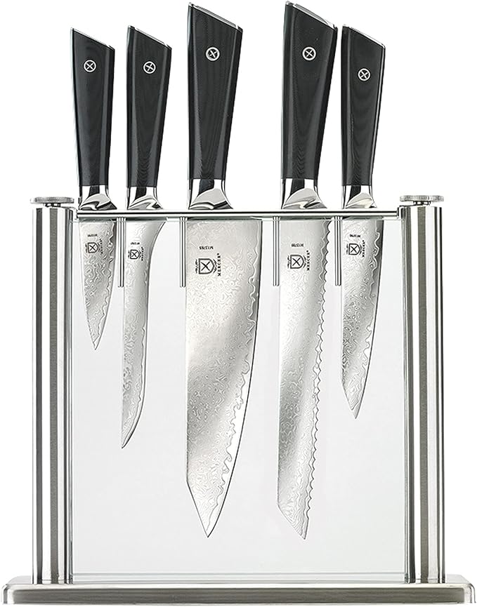 Mercer Culinary Premium Grade Super Steel 6-Piece Knife Set with Glass Block Stand, G10 Handles