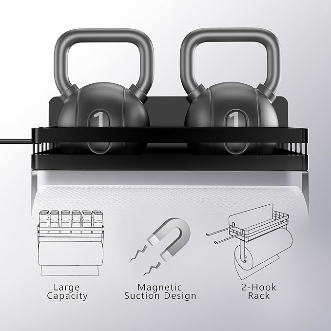 DELITON Magnetic Paper Towel Holder for Fridge - Black Paper Towel Roll Holder with Shelf for Grill Strong Magnetic Heavy Duty, Kitchen Refrigerator Organization Spice Rack with 2 Hooks No Drill