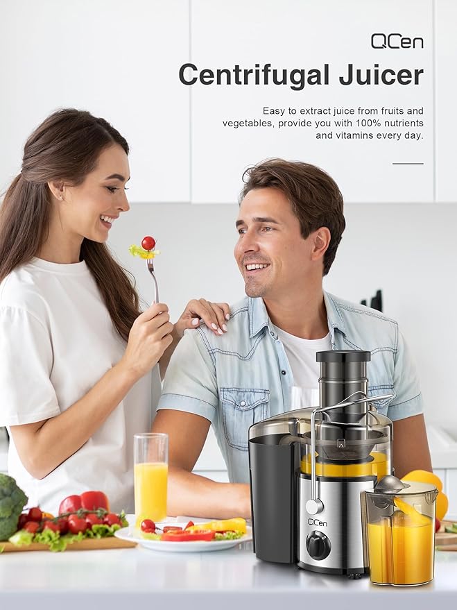 QCen Juicer Machine, 500W Centrifugal Juicer Extractor with 3” Wide Mouth Feed Chute for Fruits & Vegetables, Easy to Clean, Stainless Steel, BPA-Free