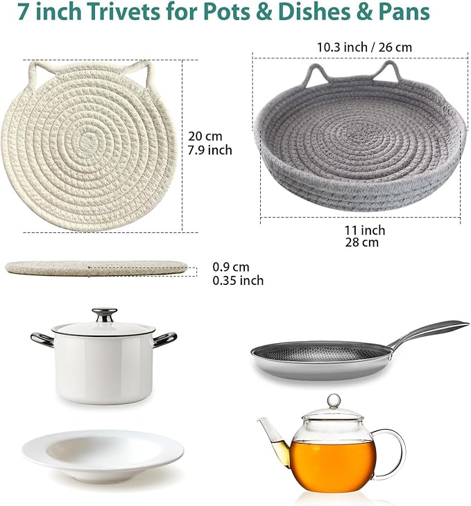 UKJENT 7" Trivets for Hot Dishes - 4 Pcs Cat Shaped Cotton Trivet Mats with Storage Basket, Heat Resistant Hot Pads Pot Holders for Hot Pots & Pans, Kitchen Counter Farmhouse Table Decor Essentials