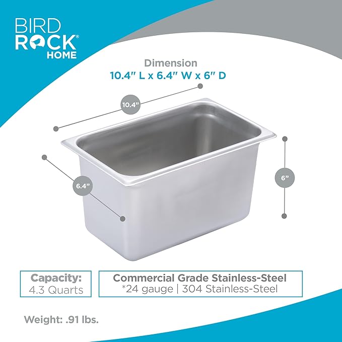 BIRDROCK HOME Stainless Steel Steam Table Pan - Hotel, Restaurant & Catering Supplies - 24 Gauge Steel, 4.3 qt Capacity - Meal Prep, Cooking, & Food Storage Container - 6" Depth, 1/4-Size (6 Pack)