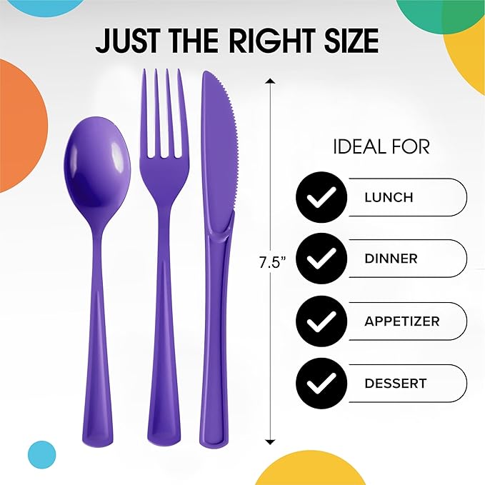 Party Solids Purple Plastic Silverware Heavy Duty 300 Pieces Purple Plastic Cutlery Sets, Utensil Sets, 100 Of Each Forks, Knives & Spoons Disposable Cutlery Set, Flatware Set For Party Supplies