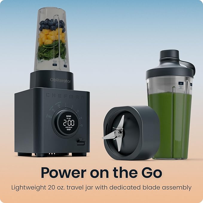 Chefman Obliterator 48 oz Countertop Blender for Smoothies, 1380W Motor to Crush Ice, Nuts, and Frozen Fruit with Stainless Steel Blade, Auto Blend Function, Includes 20 oz Travel Jar