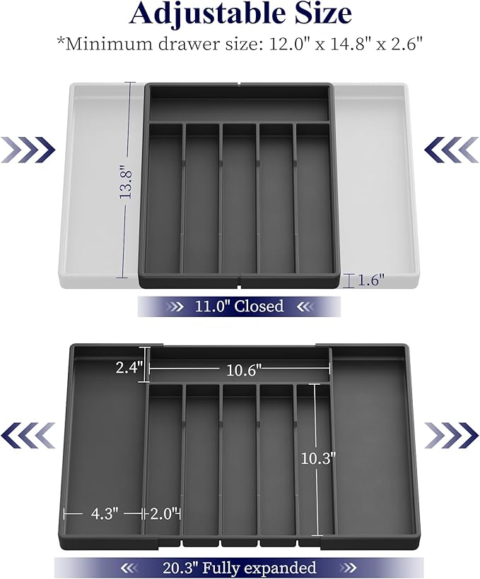 Kitsure Silverware Organizer for Drawers - Expandable Cutlery and Utensil Drawer Organizer with Easy Maintenance, Premium PP Kitchen Organizers and Storage for Flatware, Black, 20.3" x 13.8" x 1.6"