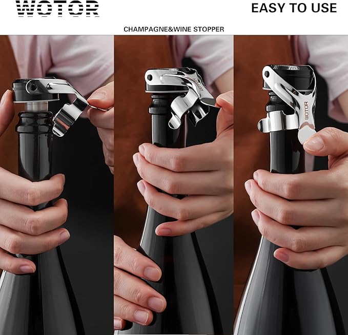 WOTOR Champagne&Wine Bottle Stoppers Stainless Steel with Food Grade Silicone, Leak Proof Keep Fresh Reusable Saver, Cork Suitable for Wine, Champagne, Cava, Prosecco and Sparkling (6 Pack Silver）