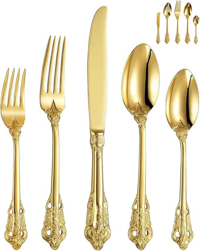 KEAWELL Luxury 45-Piece Flatware Set, 18/10 Stainless Steel Tableware, Service for 8, Antique Baroque Gold-Plated Silverware Set (Gold)