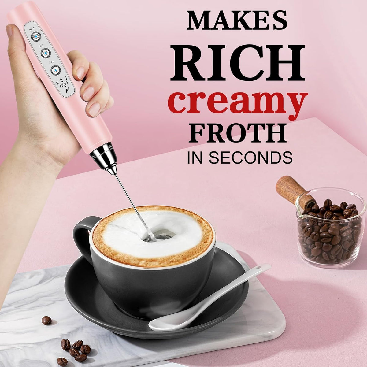 Milk Frother Handheld for Coffee, Electric Whisk 3 Speed Adjustable, Drink Mixer with Stainless 3 Whisks, Rechargeable Hand Frother Wand, Foam Maker for Latte Cappuccino Hot Chocolate Egg Pink