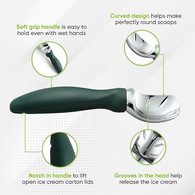 Spring Chef Professional Ice Cream Scoop with Soft Grip Handle - Heavy Duty Ice Cream Scooper for Cookie Dough, Frozen Yogurt, Gelato, Sorbet, Melon - Dishwasher Safe Kitchen Tool - Pine Green