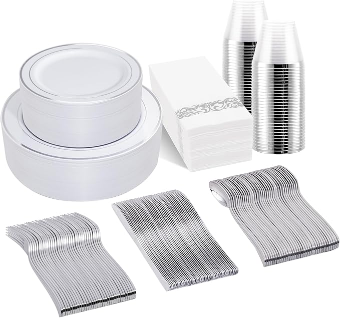 bUCLA 350PCS Silver Plastic Dinnerware Set for 50 Guests - Silver Plates Disposable Include 50 Dinner & 50 Dessert Plates,50 Forks,50 Knives,50 Spoons,50 Cups,50 Napkins for Party & Christmas