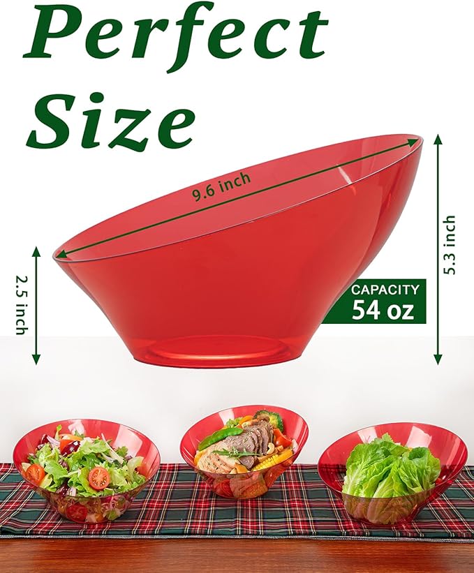 bUCLA 12 Pack Clear Red Plastic Serving Bowls - 54 OZ Christmas Angled Serving Bowls Disposable for Chip, Candy, Salad & Fruit - Ideal for X’mas Party