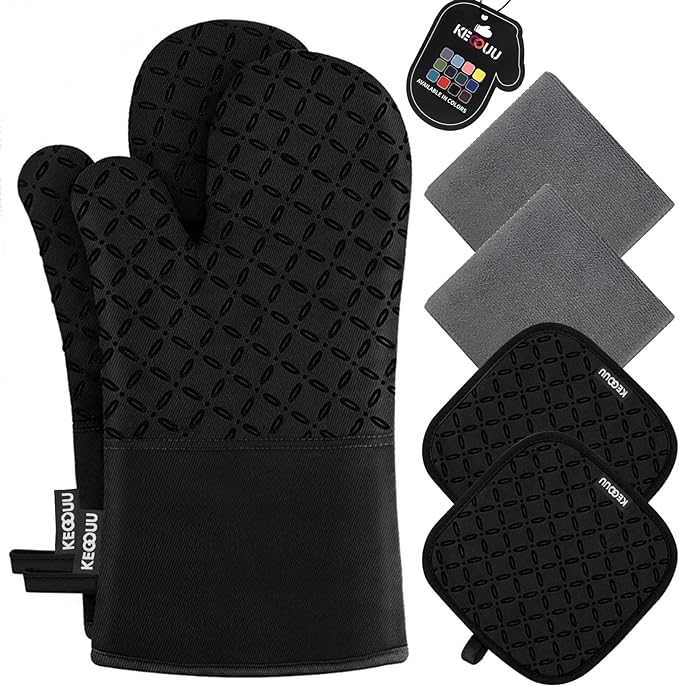 KEGOUU Oven Mitts and Pot Holders 6pcs Set, Kitchen Oven Glove High Heat Resistant 500 Degree Extra Long Oven Mitts and Potholder with Non-Slip Silicone Surface for Cooking (Black)