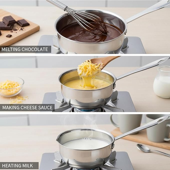 Milltrip Stainless Steel Butter Warmer, 300ml Mini Butter Melting Pot Small Saucepan Milk Warmer Pot with Induction Bottom, Dual Pour Spouts & Cool Touch Handle, Egg Pan for Melting Butterr Heating