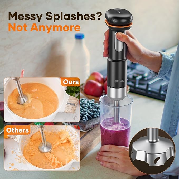 Cordless Stick Immersion Blender 5-in-1, Ritus 13000RPM Soup Blender Rechargeable Handheld Mixer For Baby Food & Smoothies, Variable Speed, Dishwasher-Safe, Mixing Beaker, Chopper, Whisk Milk Frother