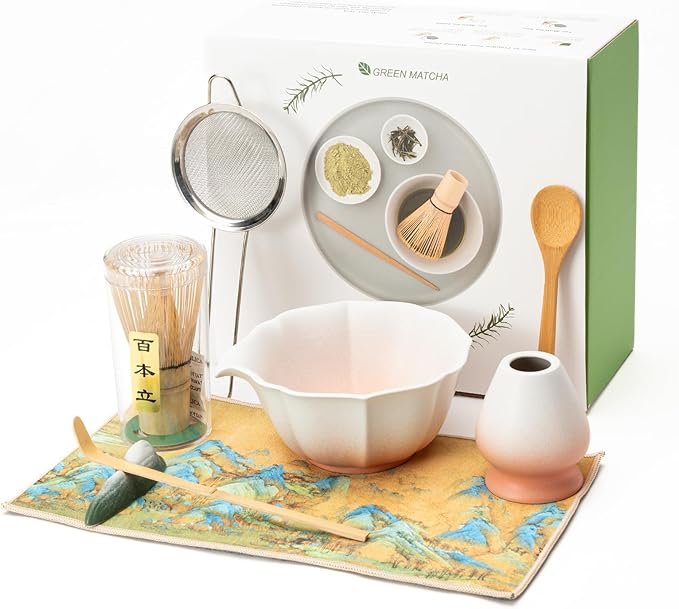 Matcha Whisk Set, Pink Matcha Bowl with Spout, 8PCS Matcha kit, Matcha Whisk and Bowl, Matcha Chasen, Bamboo Scoop, Scoop Rest, Sifter and Tea Towel, Gifts and Ceremony Set for Macha Lovers.(Pink)