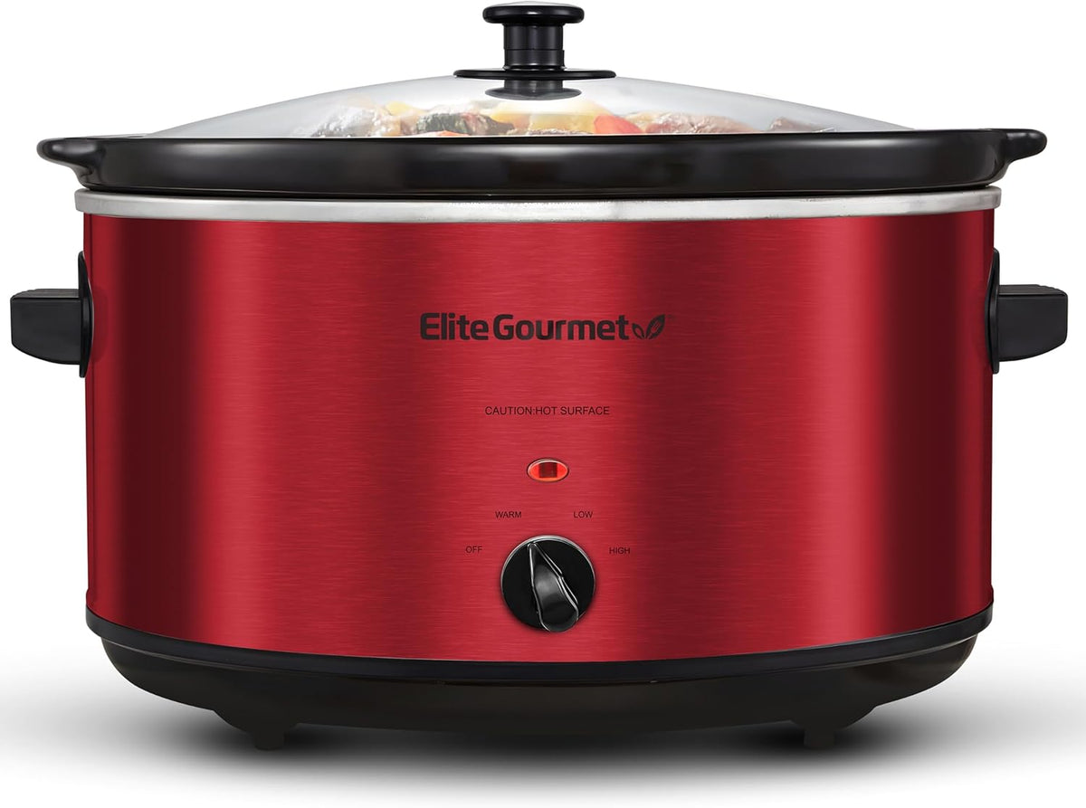 Elite Gourmet MST-900RXT# Electric Ceramic XL Jumbo Slow Cooker, Adjustable Temp, Entrees, Sauces, Stews & Dips, Dishwasher Safe Glass Lid & Crock, 8.5Qt, MetallicRed