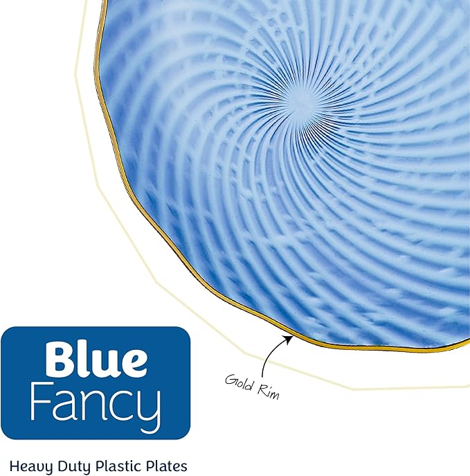 PLASTICPRO 60 Pack Plastic Plates Set of 30-10 inch Plates and 30-7 inch Plate, Elegant Clear Blue Spiral and Gold Rim Disposable Fancy Plate Premium Heavyweight