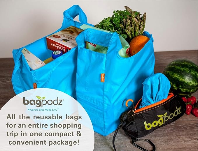 Sturdy Reusable Grocery Bags Foldable and Washable - Made From RipStop Nylon Hold 50lbs - Designed in USA Reusable Shopping Bags Inside a Compact Pod with Carry Clip - 5 Pack in Blue