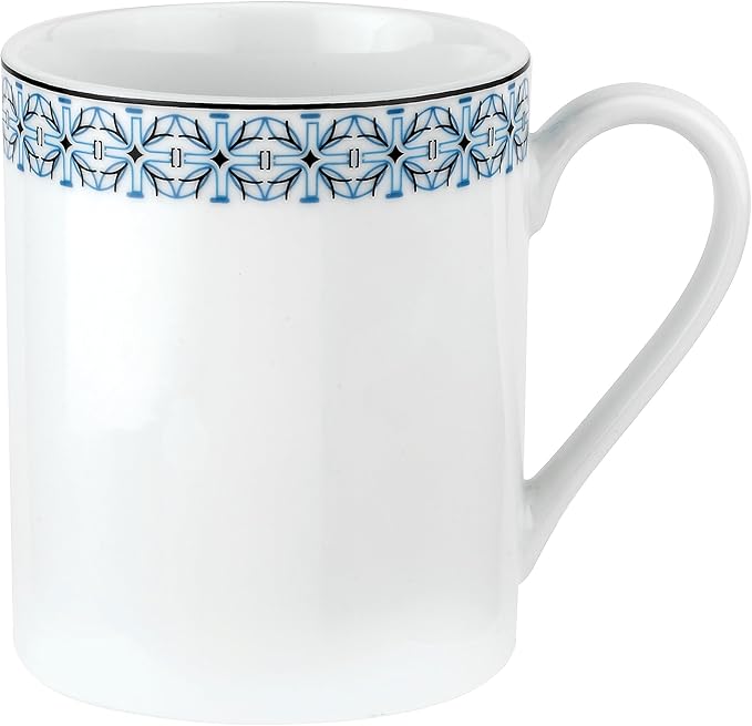 Portmeirion Home Mallorca 16 Piece Porcelain Dinnerware Set with Blue Geometric Border, 4 Place Settings - Ideal for Weekday Meals, Casual Brunches, Relaxed Dinner Parties, Small Family Celebrations