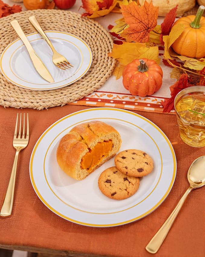 bUCLA 600Pcs White and Gold Plastic Plates - Gold Disposable Dinnerware Set for 100 Guests Include 100 Dinner & 100 Dessert Plates, 100 Cups, 100 Forks, 100 Spoons, 100 Knives for Thanksgiving