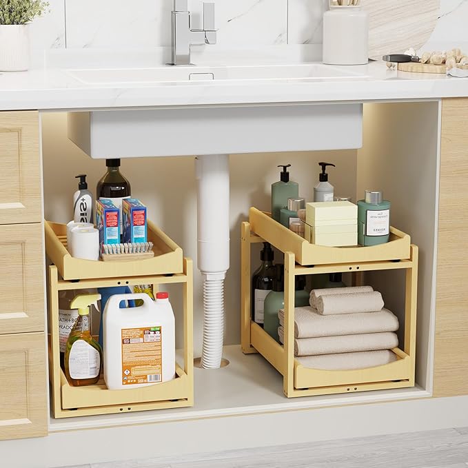 Bamboo Under Sink Organizer Adjustable Height 2 Tier Bathroom Organizer Pull Out Cabinet Storage Kitchen Heave Duty Wood Slide Ou Shelf for Kitchen Bathroom (Black, 2 Packs) (Nature, 2 Packs)