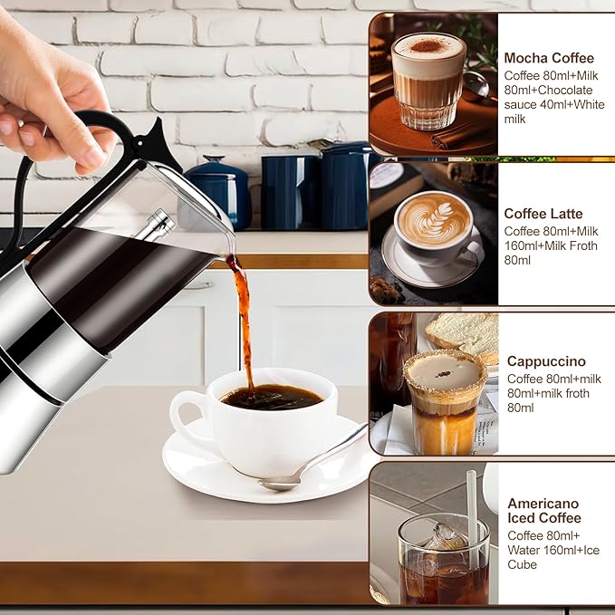 4 Cup Glass Transparent Moka Pot Stainless Steel Uncoated Stovetop Espresso Maker Italian Coffee Makers Mocha Greca Machine Cafe Classic Induction Cookers for Home Camping 220ml
