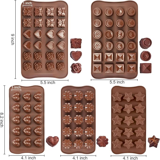 JOERSH 5PCS Silicone Chocolate Molds for Candy, Fat Bombs Snacks & Truffles, 9 Shapes 93 Cavities Candle Soap Wax Melts Mold (Square, Round, Heart, Star, Flower Shapes)