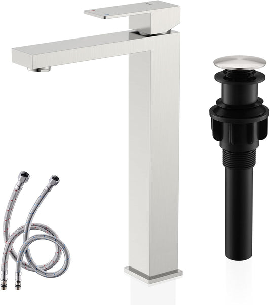 KENES Brushed Nickel Vessel Sink Facuet Single Handle Tall Bathroom Sink Faucet Vanity Bathroom Faucet Basin Mixer Tap with Water Supply Hose and Pop Up Sink Drain, LJ-9031A