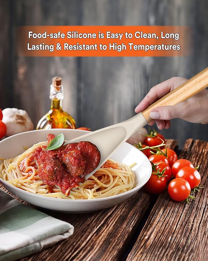 Multifunction Spatula Spoon for Nonstick Cookwares, Great for Cooking and Serving, Sturdy BPA-Free Matte Silicone, Wood Handle Spatula for Mixing, Scoop, and Scrape, Khaki(2 pack,11.4" & 13.4")