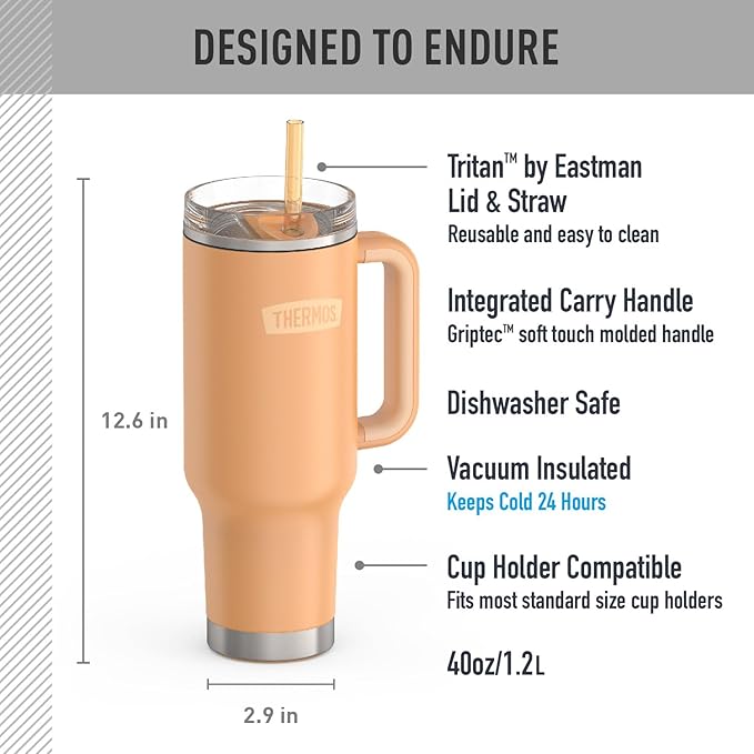 THERMOS Stainless Steel Cup Holder Mug - 40 Ounce, Melon - Insulated Tumbler with Lid and Straw, Plus Leak-Resistant Slide Lock