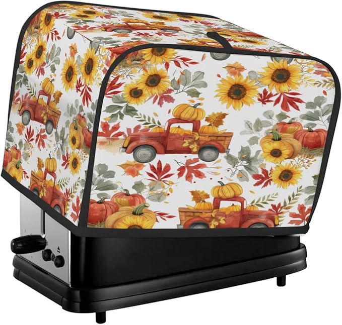 2 Slice Fall Toaster Cover,Thanksgiving Farm Truck Sunflower Small Kitchen Appliance Bread Machine Cover with Pockets,Dust & Fingerprint Protection