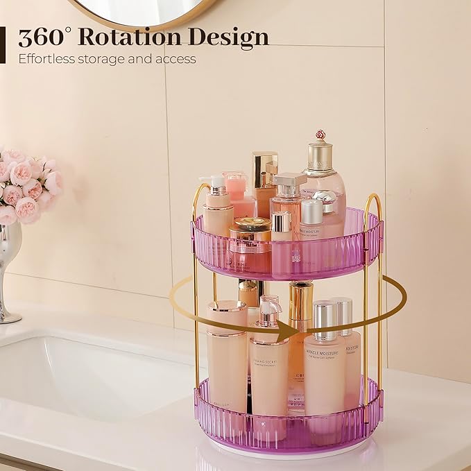 Aveniee Rotating Makeup Organizer for Vanity, Perfume Skincare Organizers Spinning, 2 Tier Bathroom Countertop Storage, Cosmetics Lipstick Holder for Counter Dresser,Purple