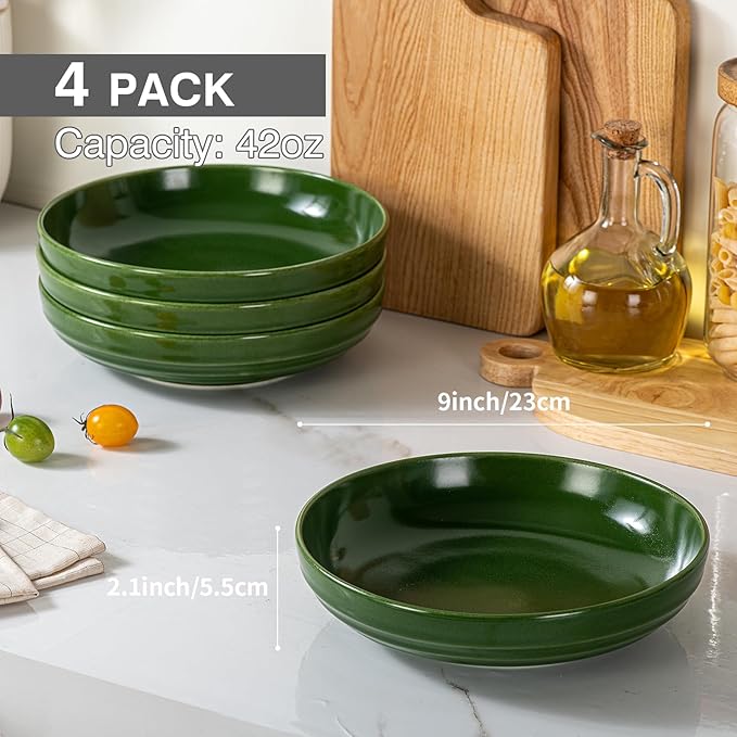 HAPPY KIT Pasta Bowls 42 Oz, Stoneware Reactive Glaze Serving Bowl Set of 4, 9'' Large Salad Bowls for Fruits, Noodle, Dinner, House-warming Wedding Present, Emerald Green