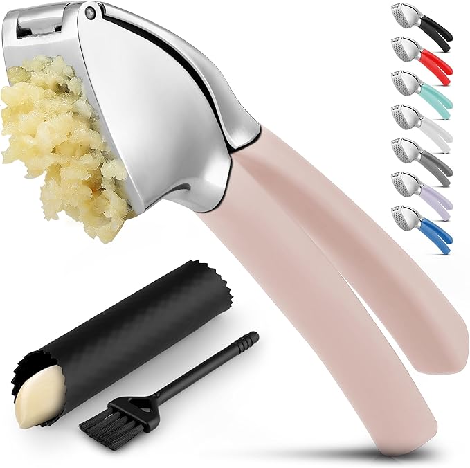 Zulay Kitchen Comfort Grip Garlic Press - Garlic Mincer Tool - Garlic Crusher - Garlic Press Mincer Rust Proof, with Soft Ergonomic Handle, Easy Clean Set with Peeler and Brush - Light Pink