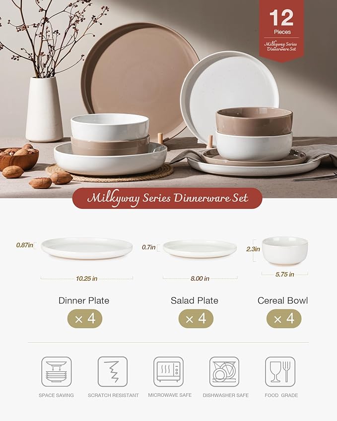 Famiware Milkyway Plates and Bowls Sets, 12 Pieces Stoneware Dinnerware Sets, Dishes Set for 4, White & Cinnamon Brown