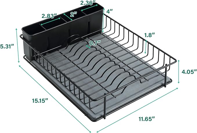 SunnyPoint 304 Stainless Steel Dish Drying Rack with Diatomaceous Earth Drainboard & Removable Utensil Caddy – Rust Resistant Countertop Dish Rack for Kitchen (Black)