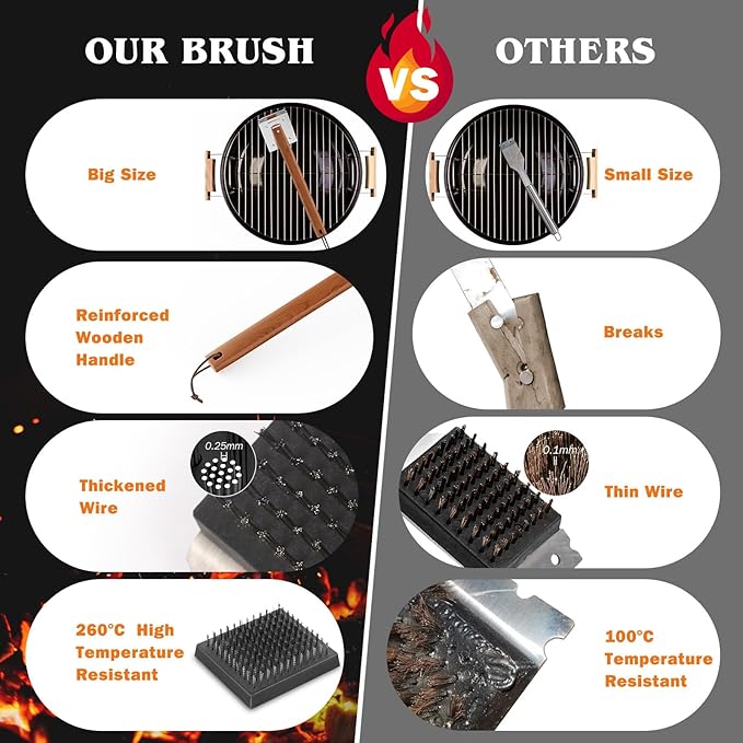 SIMPLETASTE Grill Brush and Scraper, Cherry Wooden Handle Wire Grill Brush for Grill Grate Cleaner Plus Stainless Steel Bristles Head for Replacement, Durable & Effective BBQ Tool [Upgraded]