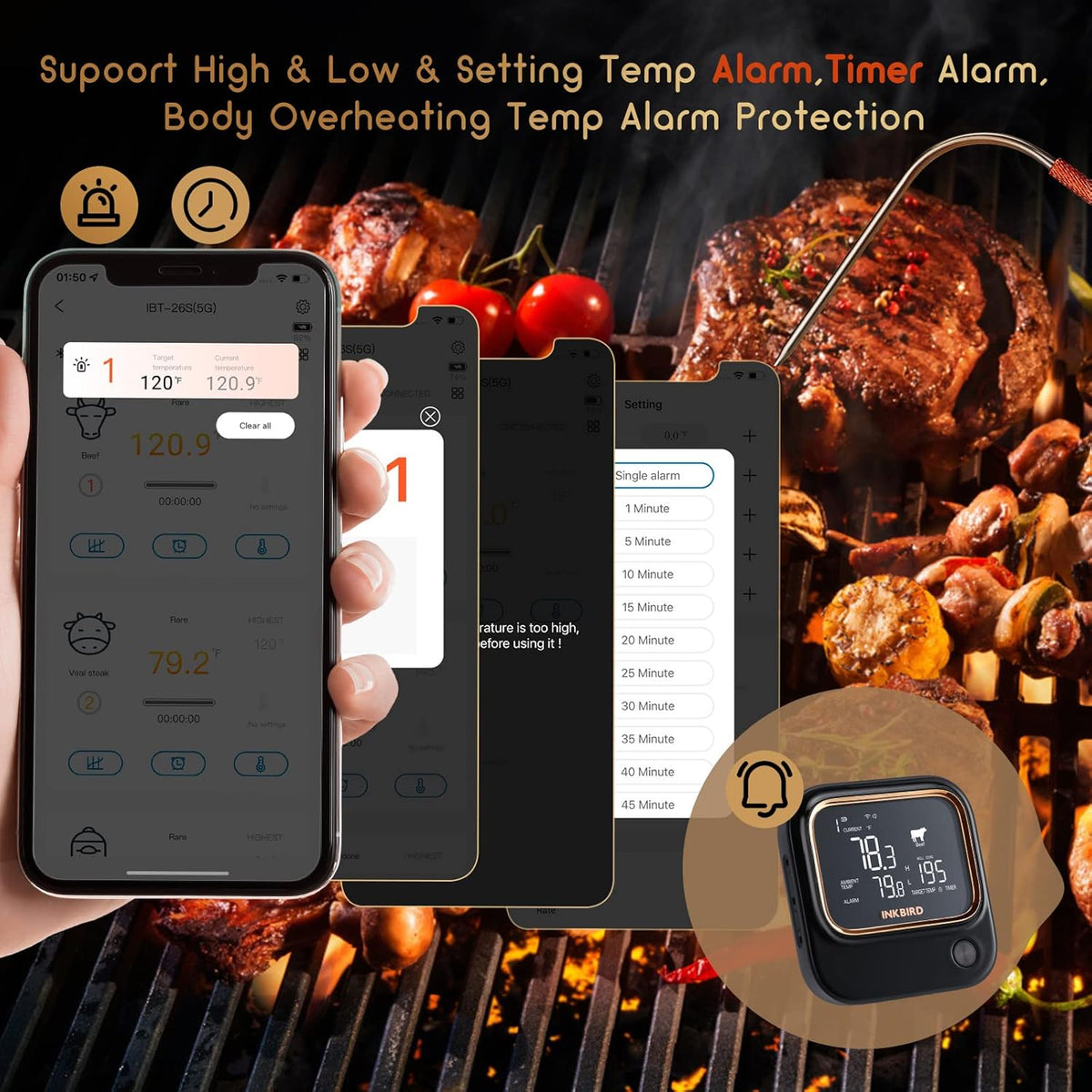 5GHz WiFi & Bluetooth 5.1 Meat Thermometer, Inkbird WiFi Grill Meat Thermometer for Grilling Smoker BBQ Cooking with 4 Probes, IBT-26S Wireless APP Control, Alarm Timer, Backlit LCD, Rechargeable