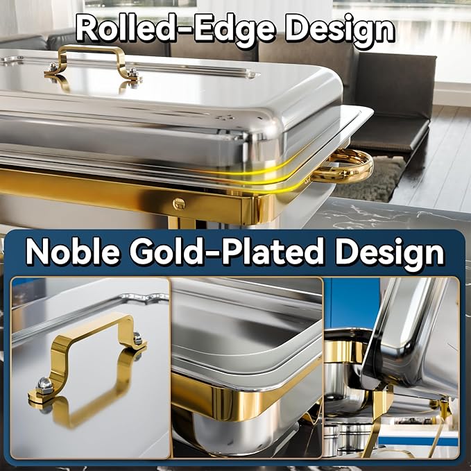 9Qt 4 Pack [Multiple Food Pans Combo] Chafing Dishes for Buffet | High Grade [Durable and Hard] Chafing Dish for Parties, Events & Weddings, Indoors & Outdoors, Gold
