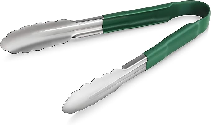 New Star Foodservice 35865 9-Inch Utility Spring Tongs, Stainless Steel, Vinyl Coated, Set of 12, Green