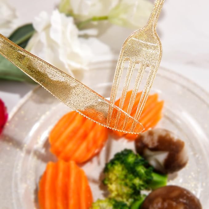 Supernal 300pcs Gold Glitter Plastic Cutlery Disposable Utensils Gold Plastic Silverware Sets Include 100 Forks, 100 Spoons & 100 Knives Serves for 100 Guests Suitable for Party,Thanksgiving