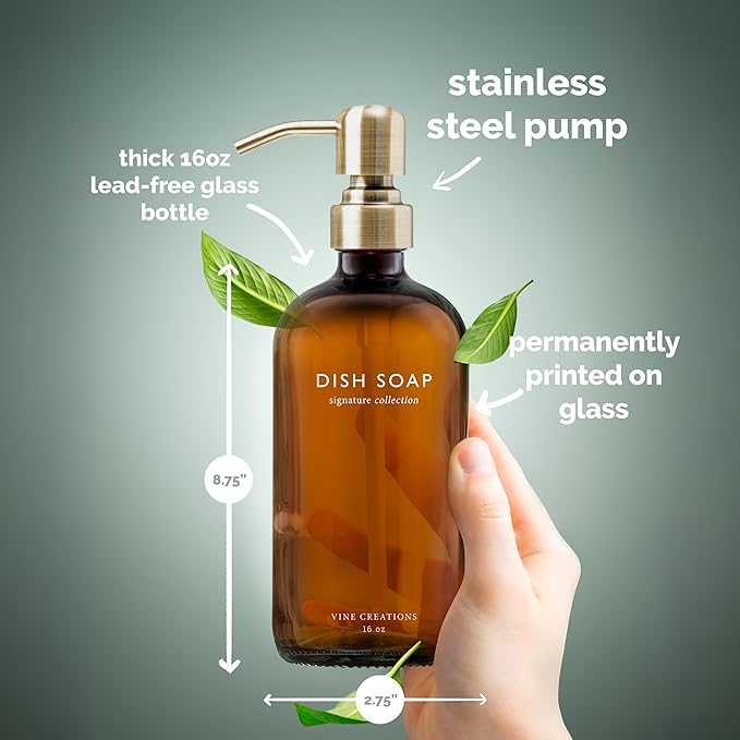 Vine Creations Amber Glass Soap Dispenser Set, Dish Soap and Hand Soap Dispenser Set with Stainless Steel Pump, 16 oz Glass Dispensers for Kitchen or Bathroom Decor (Amber Bottle/Brushed Brass Pump)