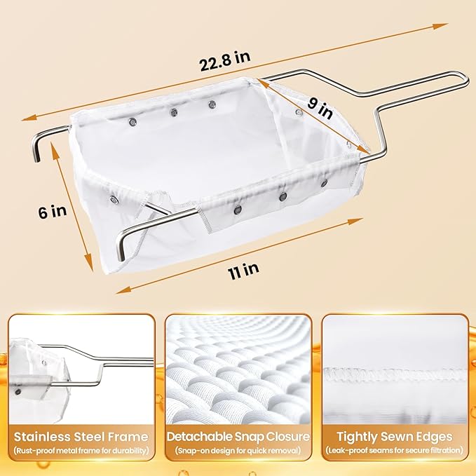 Fryer Filter Bag & Frame Set, Reusable Oil Strainer for 70 lb Cooking Oil, Fine Mesh to Capture Crumbs, Durable for Home & Commercial Use, with 1 Professional Food Thermometer
