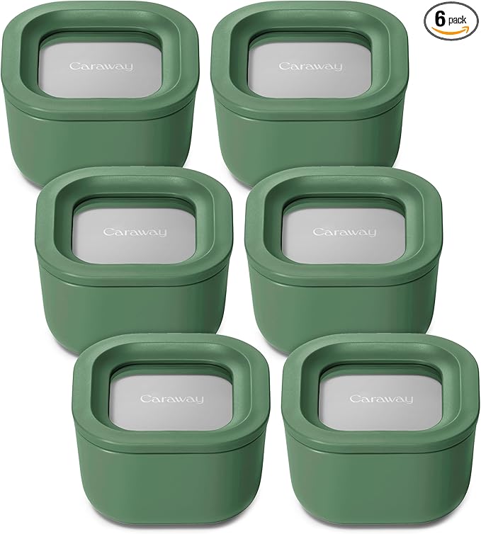 Caraway 6pc Food Storage Container Set - 1.75 Cup Glass Storage Container for Food (6) - Non-Toxic Ceramic-Coated Glass - Air Release Technology - Compact & Stackable Design - Sage