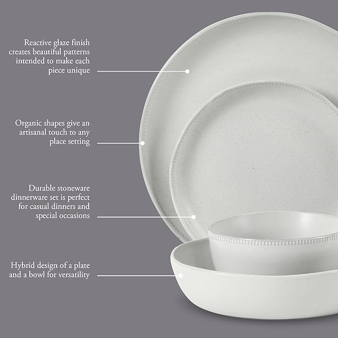 Gibson Elite Menlo Park 16-Piece Pottery Clay Stoneware Dinnerware Set – White Reactive Glaze, Embossed Plates and Bowls W/Pasta Bowl, Service for 4 – Microwave & Dishwasher Safe
