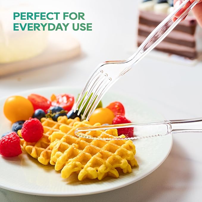 FOCUSLINE 360 Count Clear Plastic Silverware, 120 Forks, Knives and Spoons Each, BPA-Free, Heavy Duty Disposable Cutlery Set, Premium Disposable Flatware Plastic Utensils for Party Everyday Use