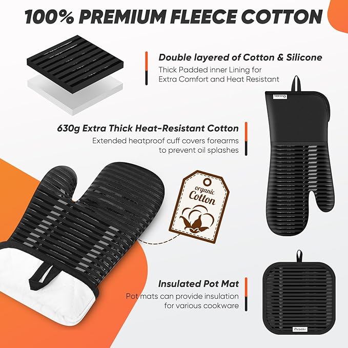 Oven Mitts Kitchen Towels and Dishcloths with Pot Holders Sets, Oven Gloves Hot Pads 500°F Heat Resistant with Silicone Grip, Include 2 Cooking Gloves/2 Potholders/4 Kitchen Towels/4 Dish Towels