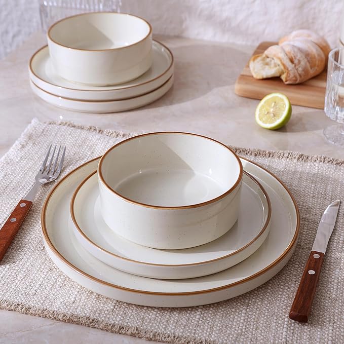 Famiware Nebula Plates and Bowls Sets for 4, 12 Pieces Stoneware Dinnerware Set, Microwave and Dishwasher Safe Dishes Set, Vanilla White with Brown Rim