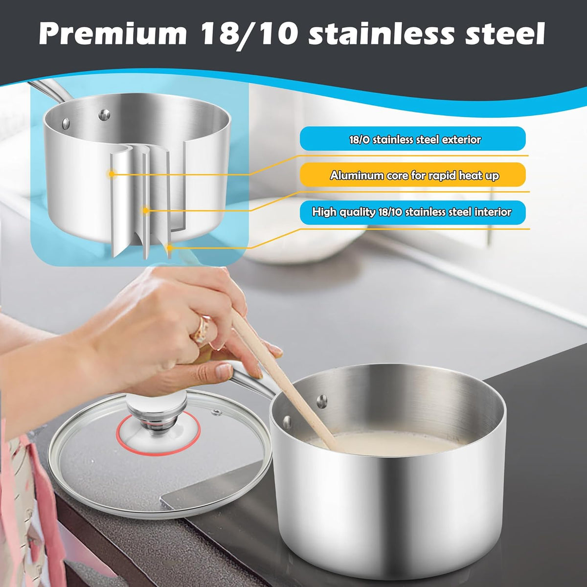 E-far 1-Quart Saucepan, Tri-Ply Stainless Steel Sauce Pan with Glass Lid, Small Cooking Induction Pot Compatible with All Cooktops, Non Toxic, Oven & Dishwasher Safe