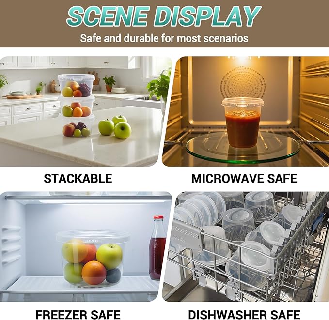 12 Pack 32 oz Clear Plastic Bucket with Lid, Food Storage Containers, Freezer Plastic Cups, Leakproof, BPA Free, Microwave & Dishwasher Safe Takeout Container - Ideal for Soup and More